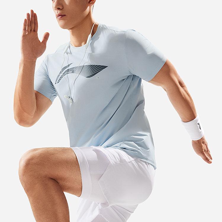 Li Ning Fitness Series Logo Letter Round Neck Comfortable Versatile Quick-Dry Short Sleeve T-Shirt Men Tops Cloud-Blue ATSU021-7
