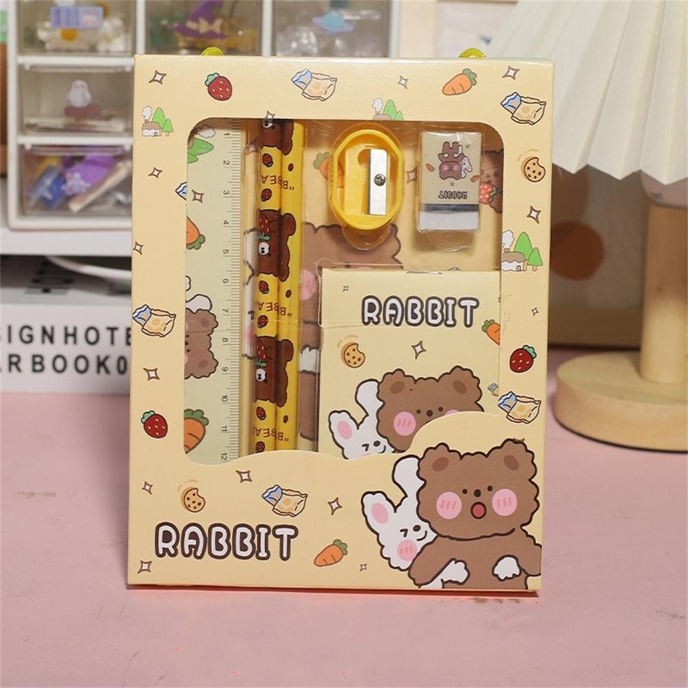 Portable 6-in-1 Stationery Set Cartoon Rabbit Bear Student Stationery Bag Pencil Eraser Sharpener Kindergarten School Supplies