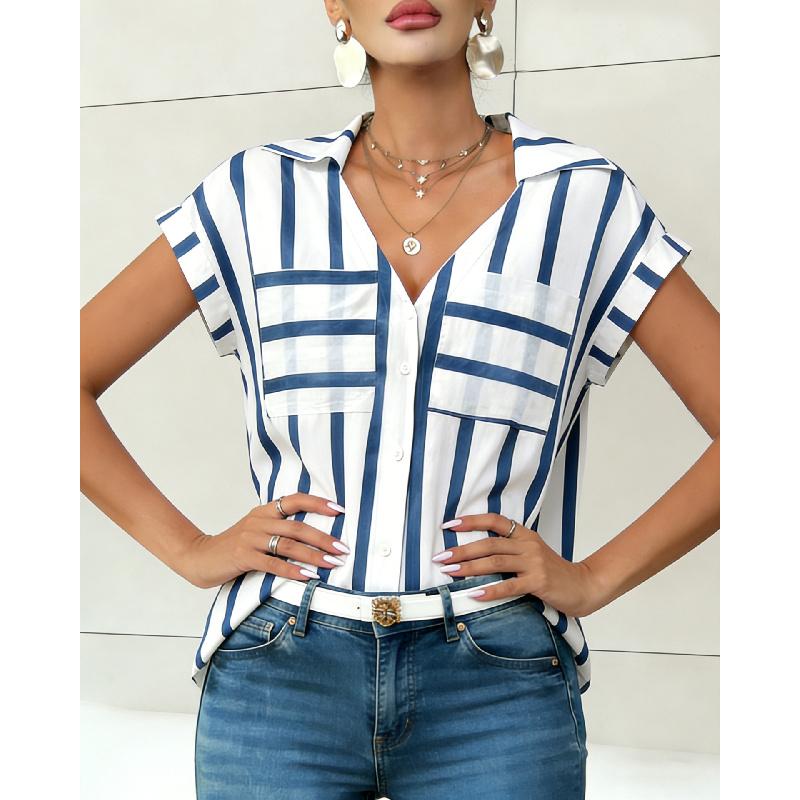 2026 New Women's Fashion Casual Loose V-Neck Striped Pocket Ladies' Shirt