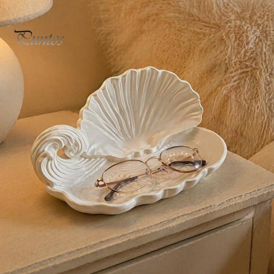 Vassoio porta Aromaterapia Stampa 3D Conchiglia Onda Vassoio Portagioie, Piatto Organizer Bianco Perlescente, Elegante Porta Anelli Accessorio Comodino Camera da Letto Oggetto Decorativo