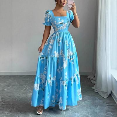 Europe, America, New Long Dress Square Neck Dress Flower Print Elegant Temperament