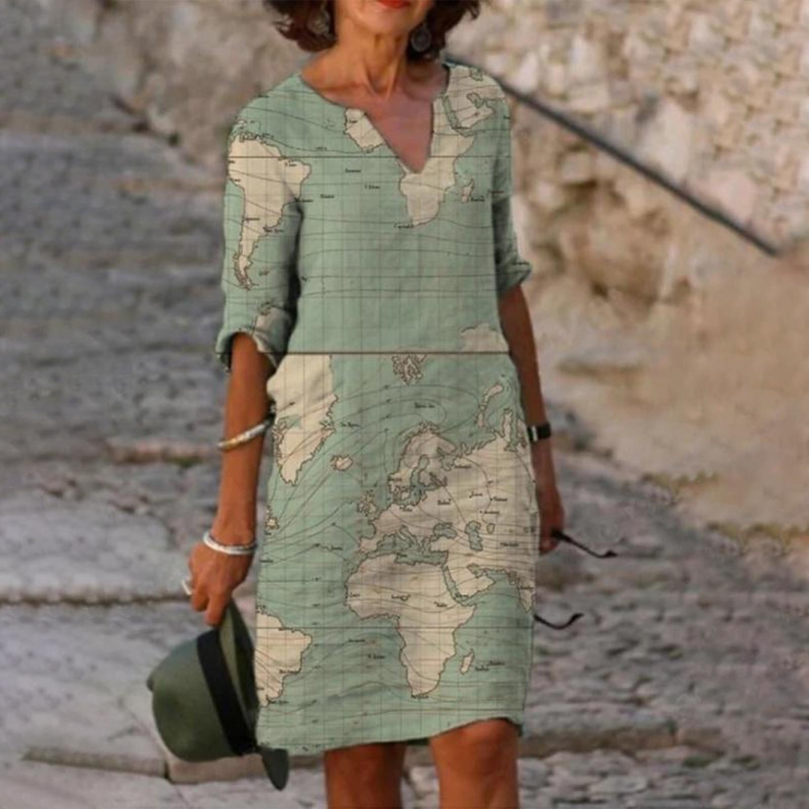 

Женское модное повседневное прямое платье со свободной талией и принтом карты, v-образным вырезом и средними рукавами XXXXXL зелёный
