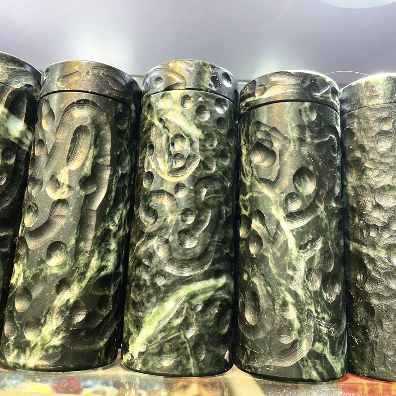 Tibetan Jade Medicine Stone Teacup Set with Volcanic Ink Jade Cup