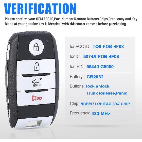 Car Smart Key Fob Keyless Entry Remote Control Replacement for Kia NIRO 2017 2018 2019 433MHz ID47Chip(FCC ID:TQ8-FOB-4F08 P/N:95440-G5000) 4 Buttons