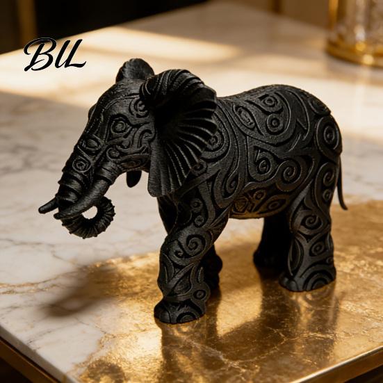Black Elephant Decoration Figurine 3D Printed Ornament Tribal Style Textured Statue for Home Table Desk Shelf Ethnic Inspired Decor