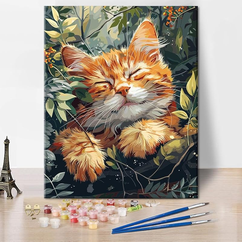 Paint by Numbers Kit for Adults, Adult Paint by Number Kits - Vibrant Kitchen Scene with Utensils and Green Plants, Cozy Interior DIY Art Painting Ginger Cat