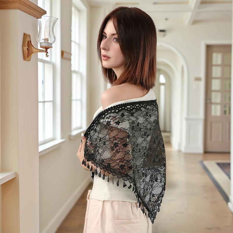 Lace Veils Muslim Head Women Tassel Triangle Scarf for Church Prayer Shawl Embroidered Floral Veils Wedding Triangular Headscarf