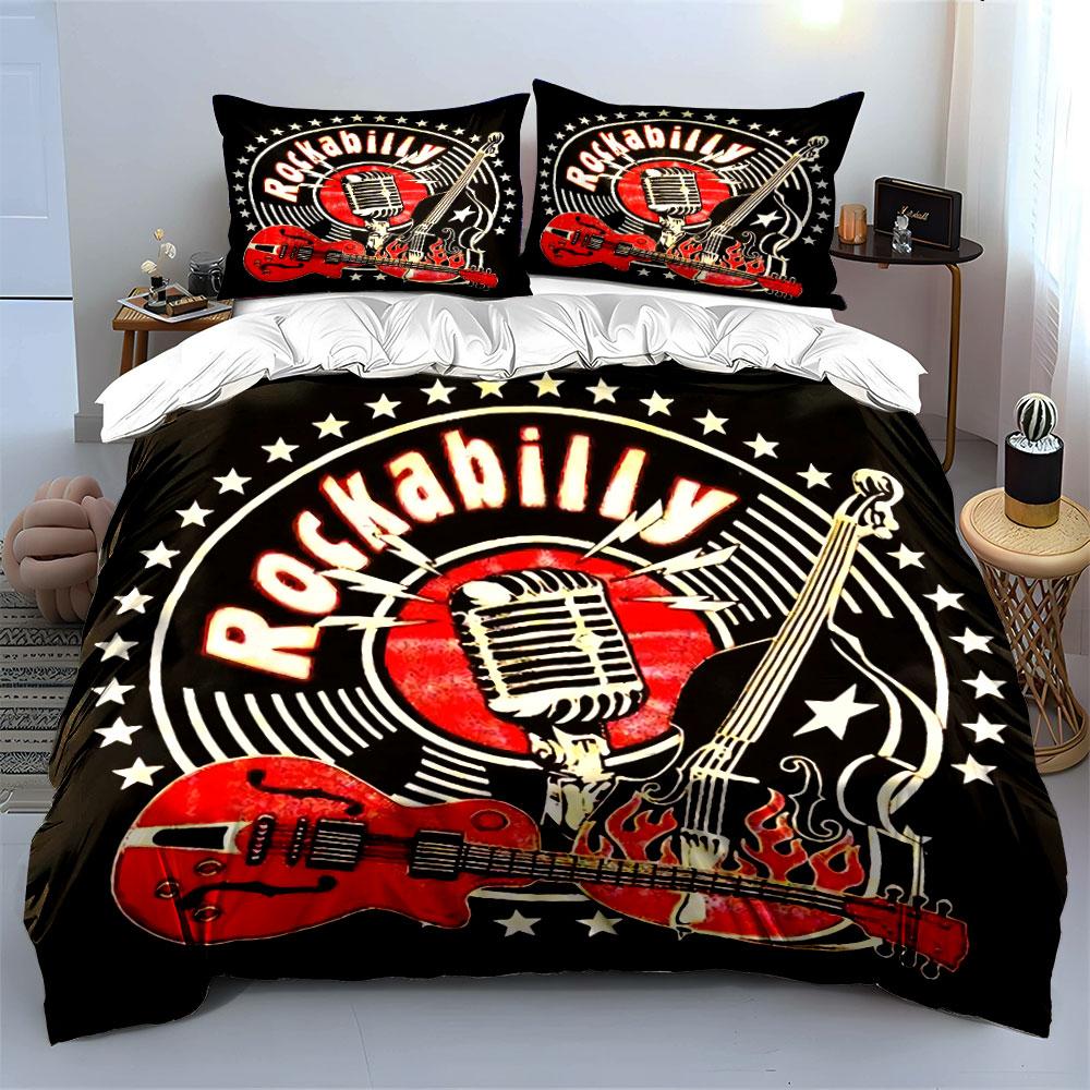 Rockabilly Music Retro Design Bedding Duvet Cover Set Duvet Cover Pillowcases (1*Duvet Cover 2*Pillowcases, without duvet insert)
