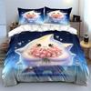 3Pcs Kawaii Star Bedding Set Cute Star Character Holding Pink Flowers Print Duvet Cover + 2 Pillowcases Magical Kids Decor