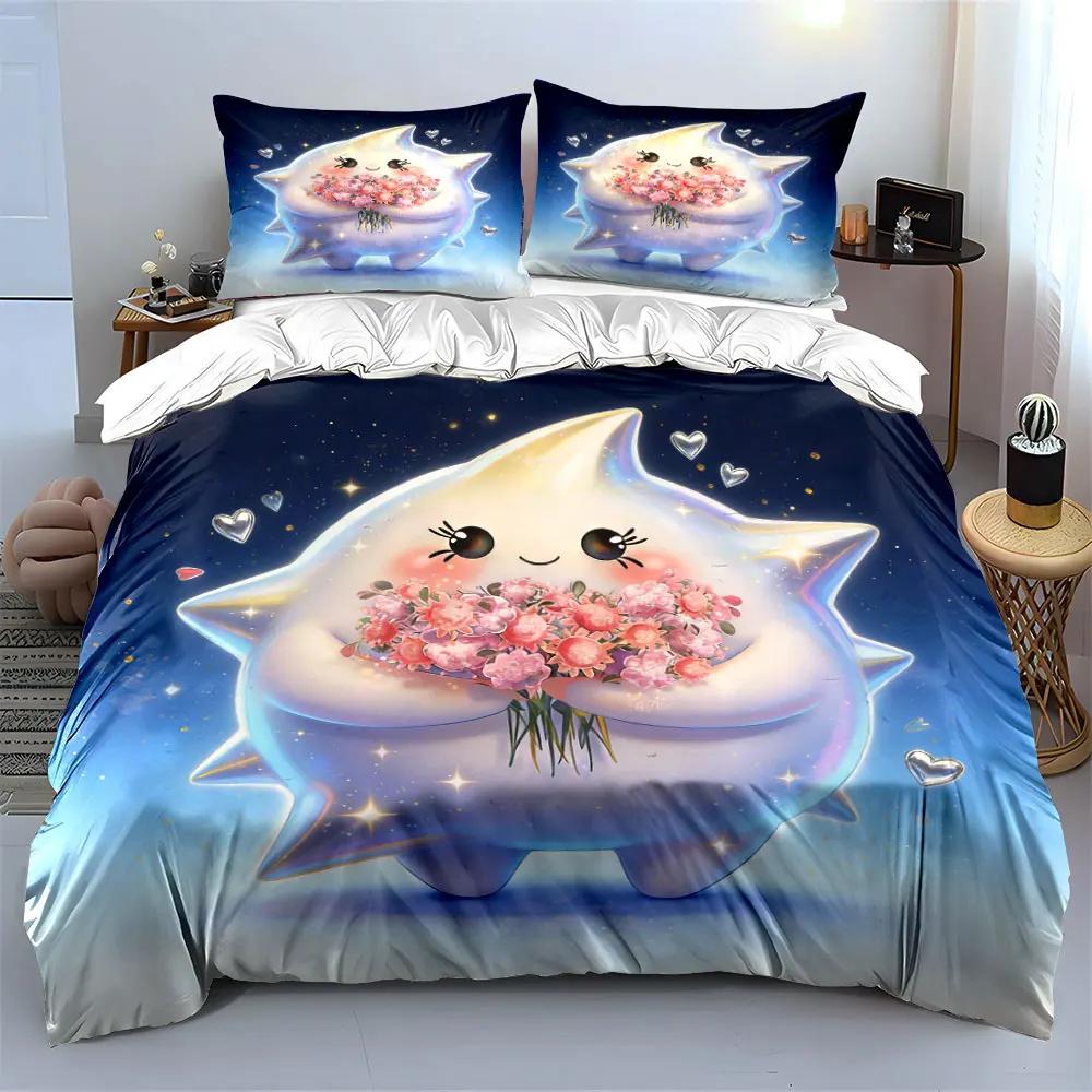 3Pcs Kawaii Star Bedding Set Cute Star Character Holding Pink Flowers Print Duvet Cover + 2 Pillowcases Magical Kids Decor