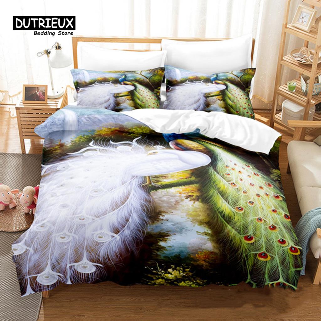 Peacock Feather Bedding Set Peacock Duvet Cover Set Single Double King For Adult Women Microfiber Comforter Cover Bedroom Decor