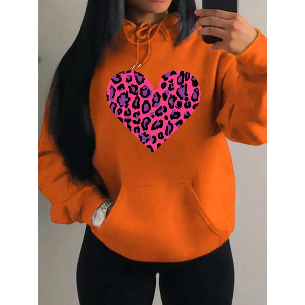 Pink Leopard Print Heart Printing Hoody Women Fashion Oversized Hoodie Pullover Autumn Fleece Clothes