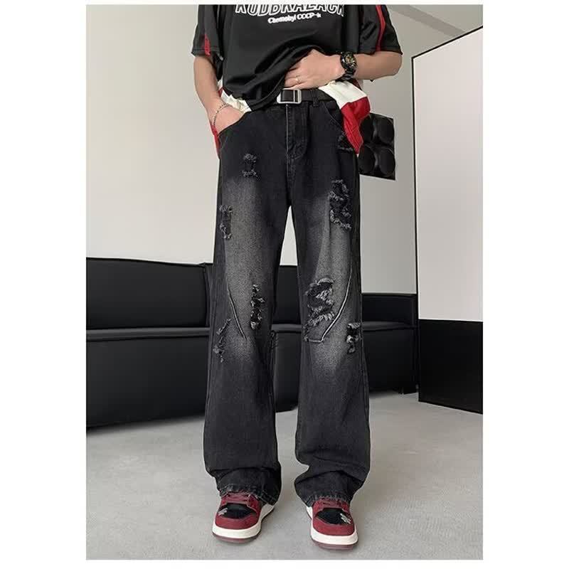 Retro micro-pull ripped jeans men's thin new high street ruffian handsome washed old straight trousers