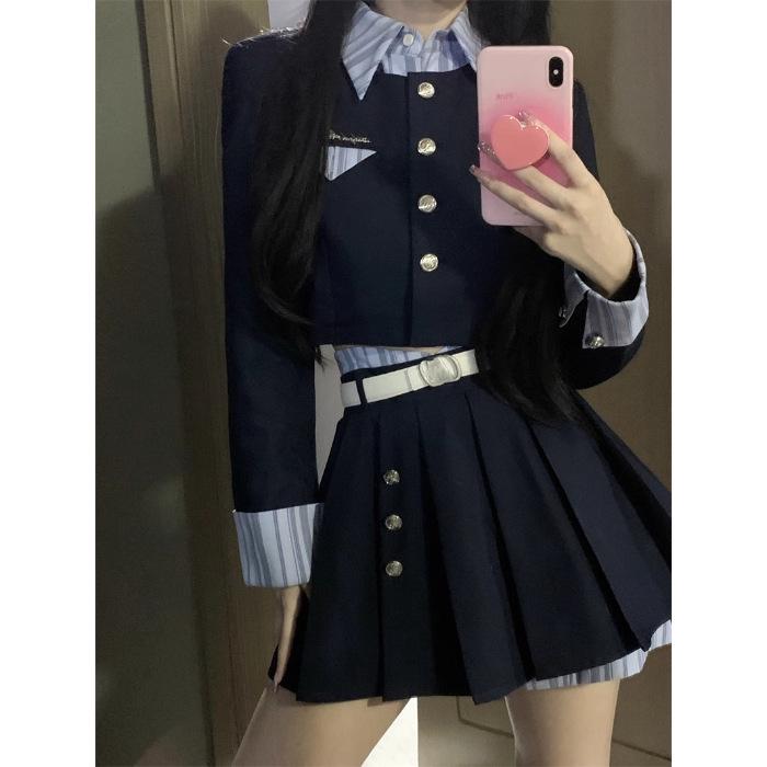 

Топ из двух частей в стиле преппи темно-синего цвета: Комплект черного цвета с длинным рукавом для похудения для женщин - Осенне-зимняя подборка горячей девушки XL