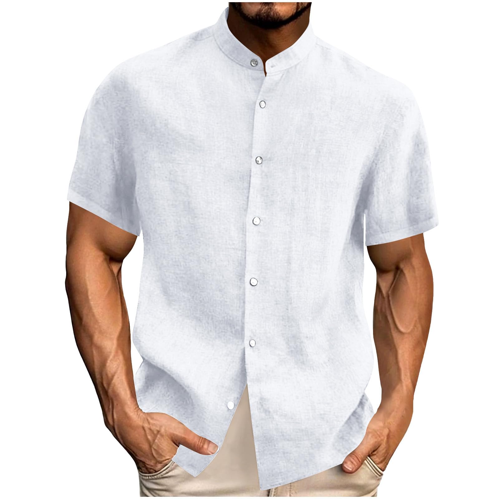 

Men s Fashionable Color Round Neck Short Sleeved Button Loose Casual Cotton And Linen Top XL