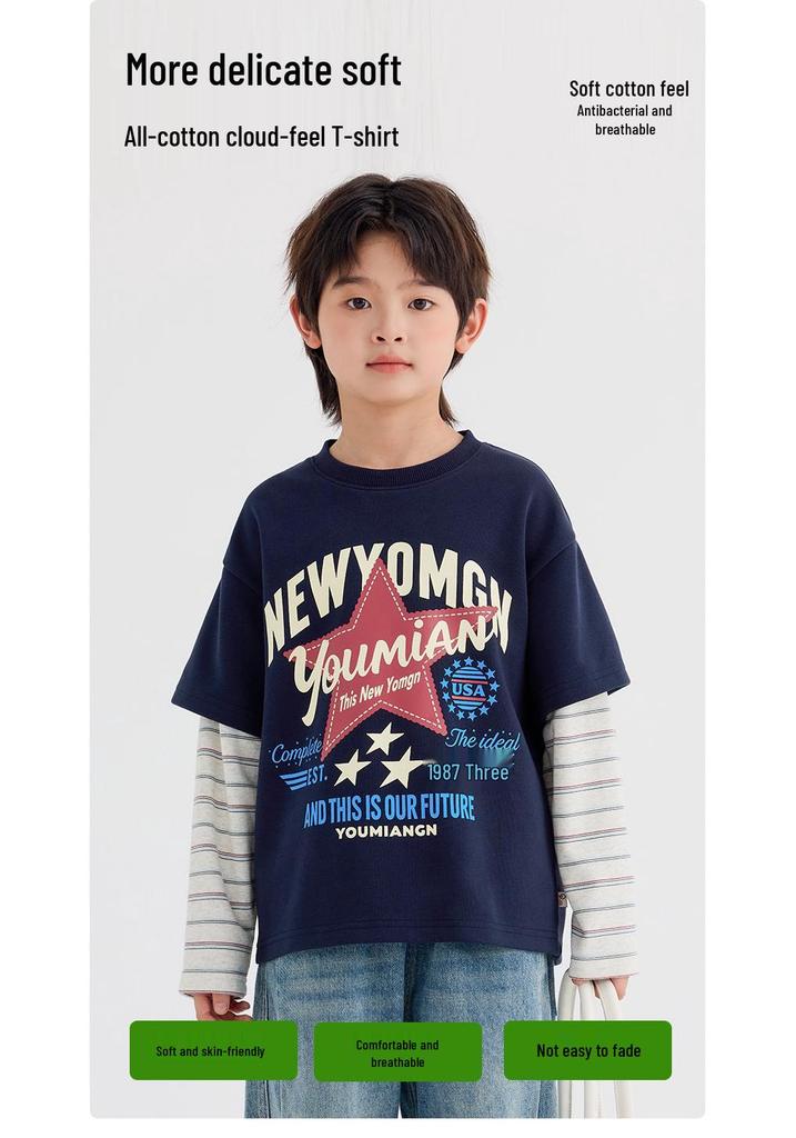 Boys' Autumn American Style Fake Two-Piece Long Sleeve Round Neck T-Shirt
