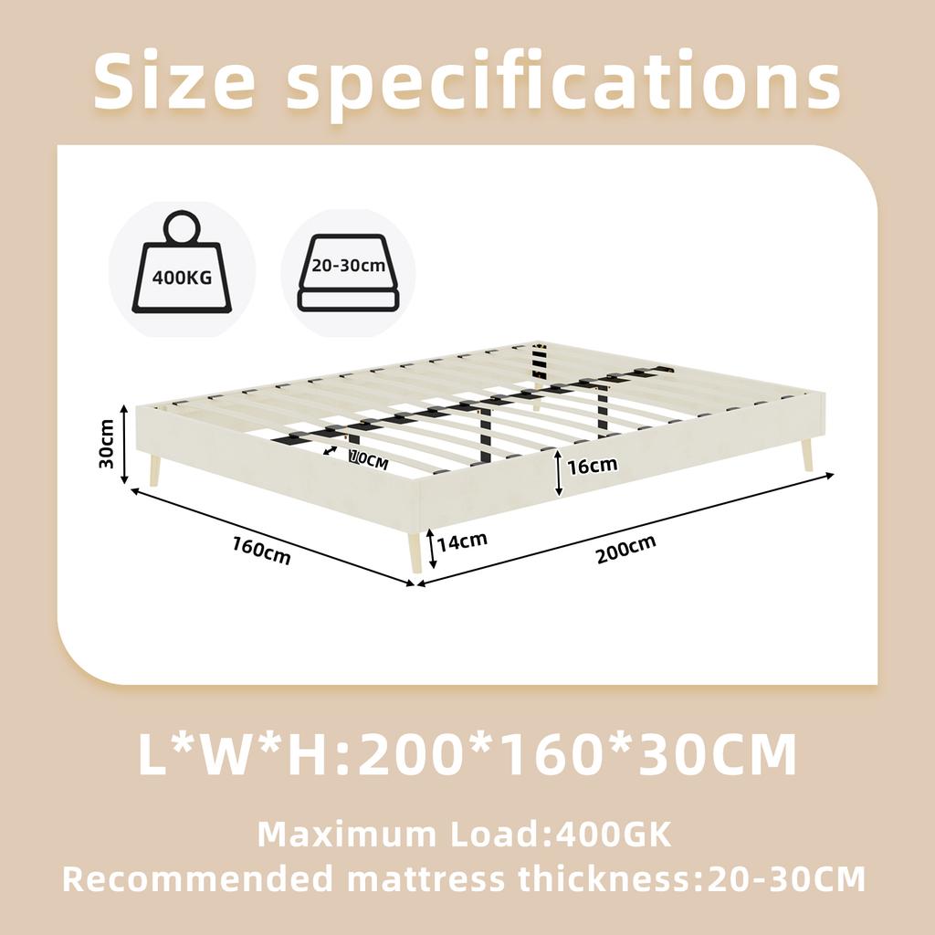 Modern Minimalist Bed Frame, 160x200 cm, Beige, Dutch Velvet Fabric, Bedroom Furniture. Excludes Gas Lift Mechanism, Headboard, and Mattress.
