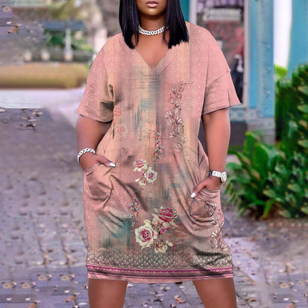 Women's Summer Plus Size V Neck Short Sleeve Knee Pocket Retro Flower Print Casual Dress