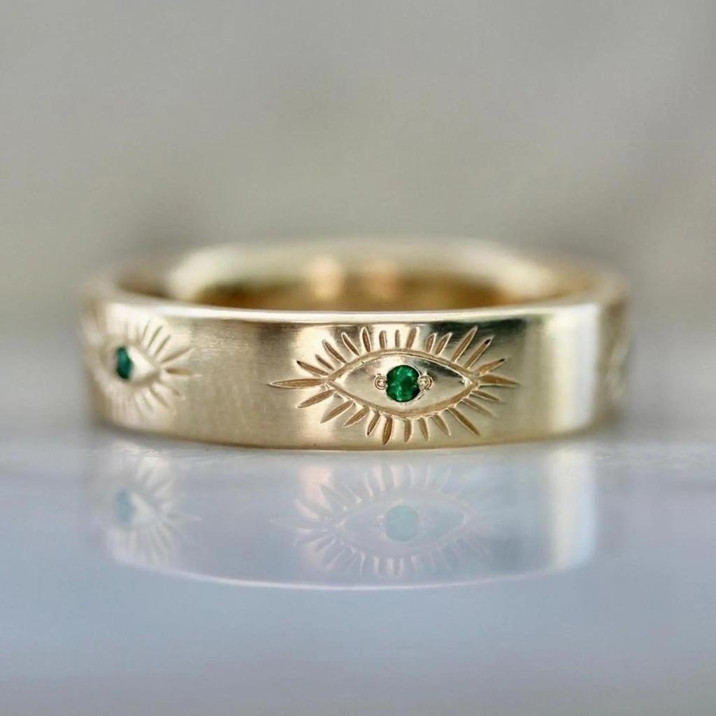 Good Karma Evil Eye Emerald Band – Yellow Gold Plated Wide Wedding Ring for Women | Minimalist Engraved Band | Protective Gift for Wife