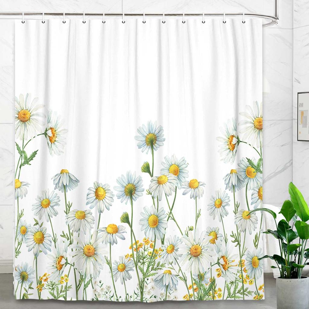 Floral Daisy Shower Curtain For Bathroom Bathtub Waterproof Plant Aesthetic Bathroom Curtain With Hooks Botanical Bath Curtain