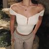 Women Ribbed Knit Henley Neck Button Front Short Sleeve Crop Top