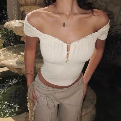 Dámský žebrovaný crop top s knoflíky u krku Henley, krátkým rukávem