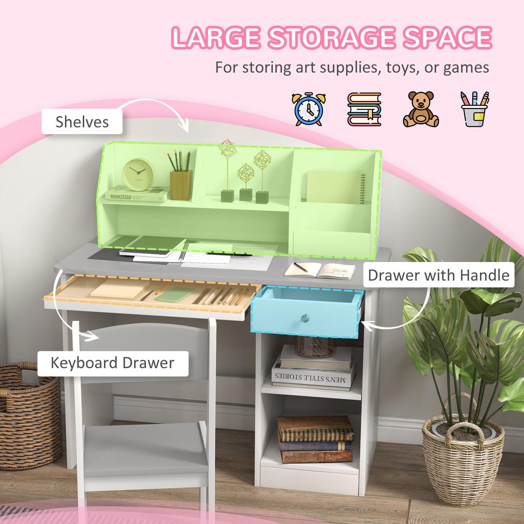 Two-Piece Kids Desk and Chair Set with Storage, for Ages 5-8 Years - Grey