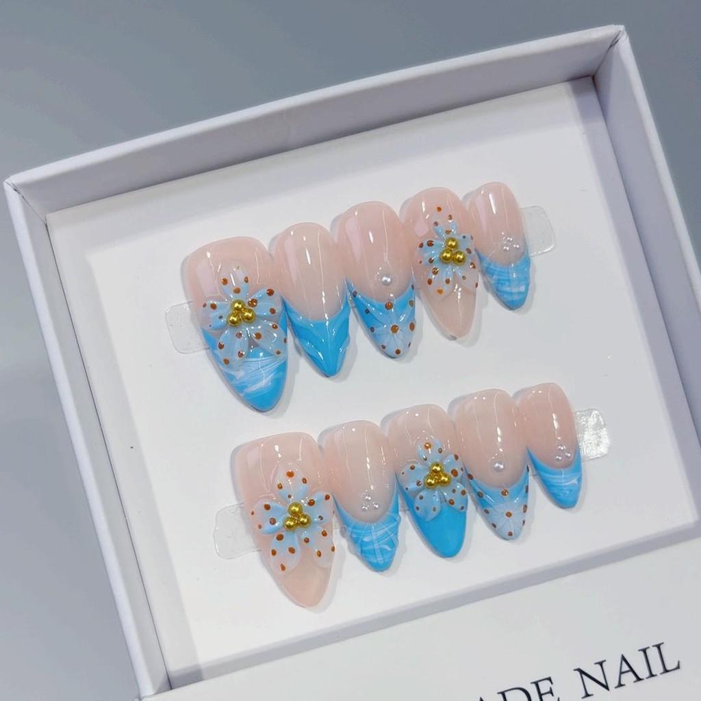 Almond Shape 3D Carved Blue Polka Dot Nails - Pure Handmade Wearable Style