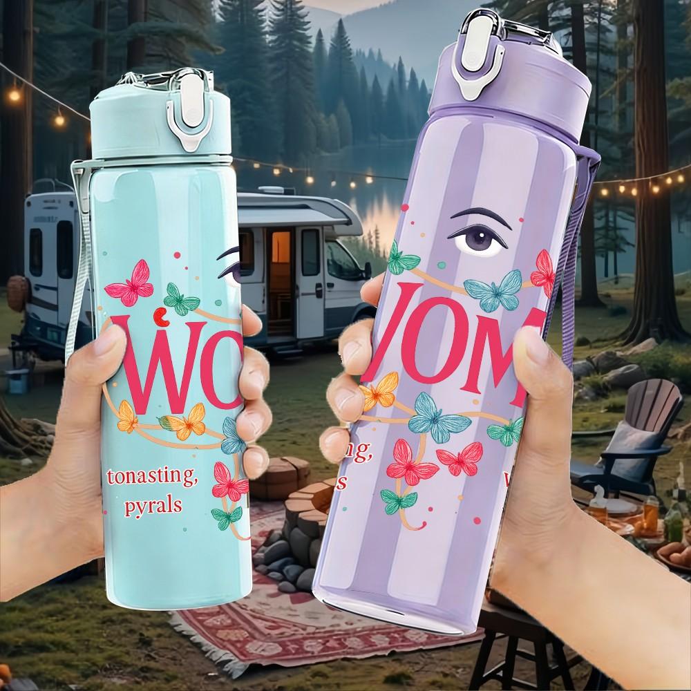 1PC Womb Butterfly Letter Print 750ml Color Plastic Sports Water Bottle Leakproof Flip Straw Lid Suitable for Sports Office Home Use