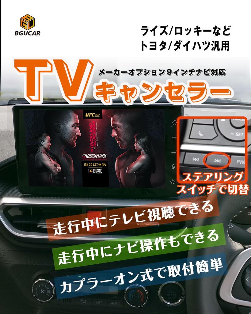 BGUCAR RISE Rocky Tillval Display Ljud TV-kit Rattbrytartyp Inga ytterligare knappar krävs TV-spärr Se på TV medan klockan används TV-funktion Toyota