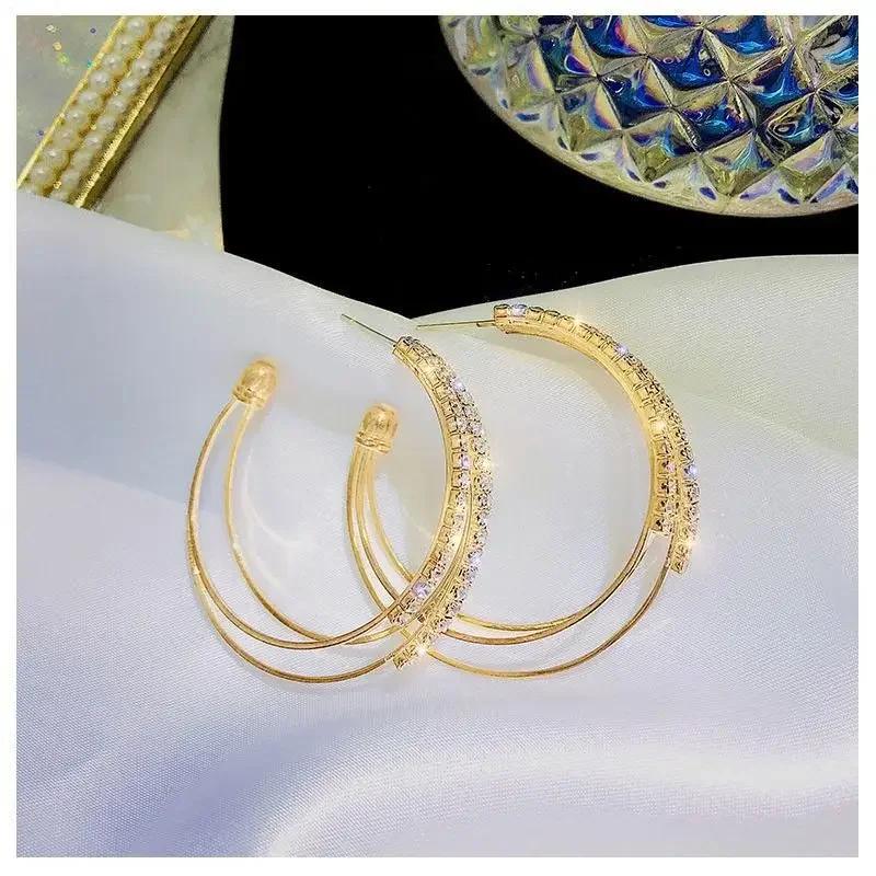 1 Pcs Fashion Jewelry Accessories Women Exaggerated Rhinestone Sparkling Round Hoop Earrings Large Round Earrings