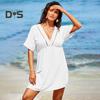 Women Summer Dress V Neck Short Sleeves Pleated High Waist Beach Coverup Loose Mini Dress Lace-up Tassel Strap Backless Slit Hem Dress