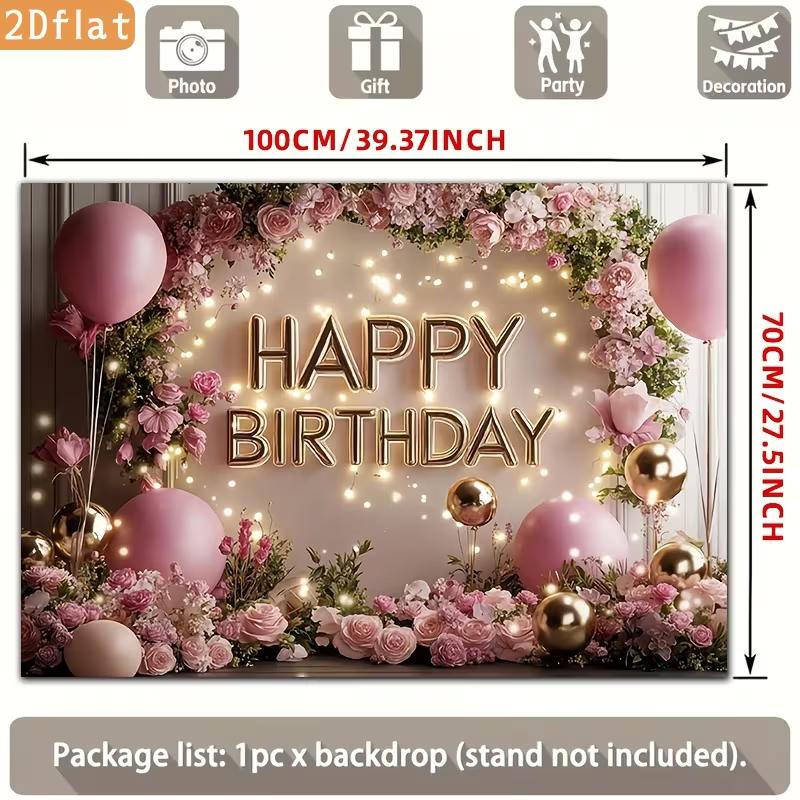 2D Pink Floral Happy Birthday Backdrop for Women/Girl Birthday Party Decoration