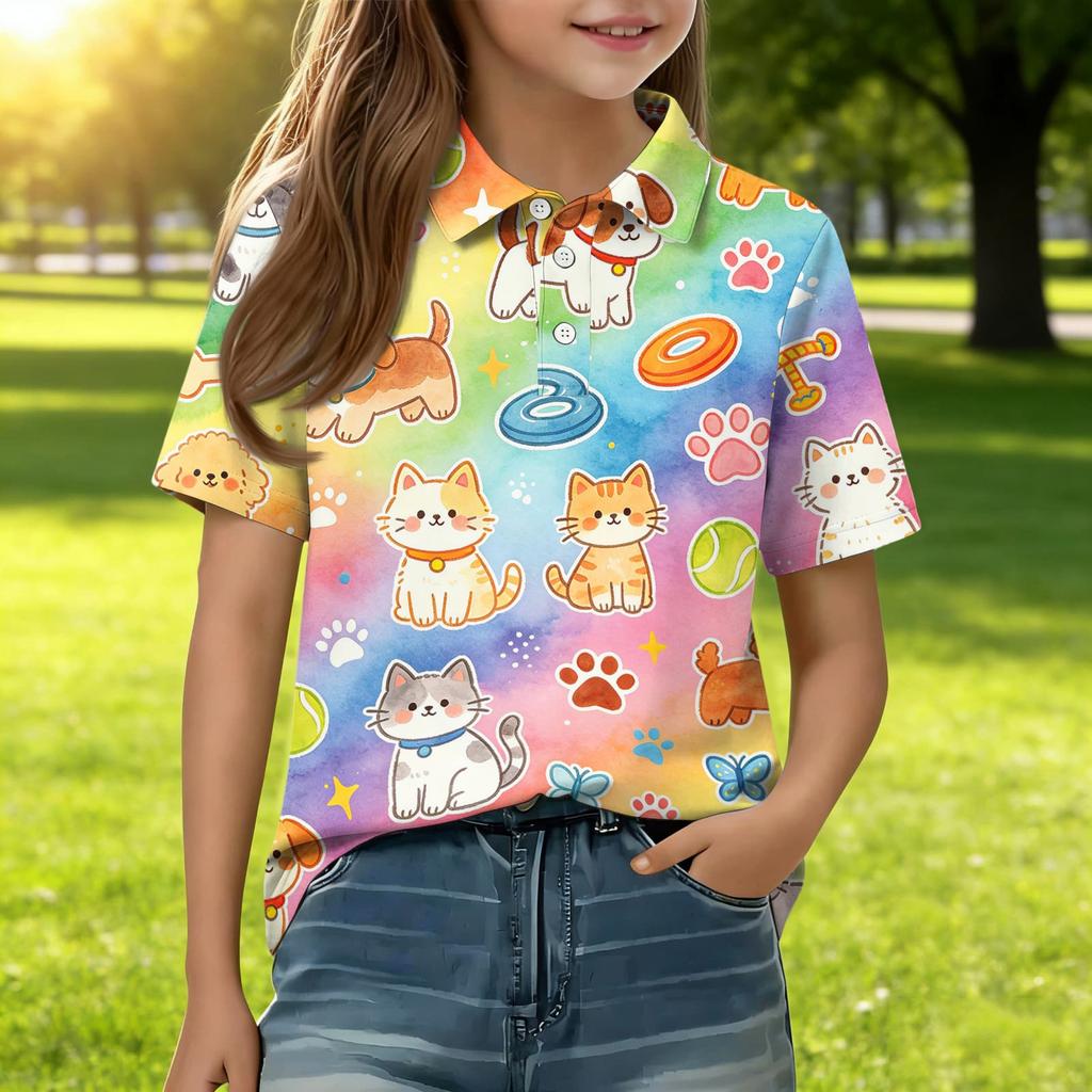 Kids Casual Short Sleeve Polo Shirt Animal Pattern Printed Lightweight Breathable Top for Everyday Wear