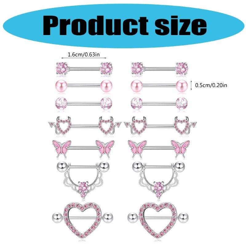 14pcs/Pack Elegant Nipple Bars and Rings Set Elegant Silver Pink Cubic Zirconia Nipple Rings for Trendy Women