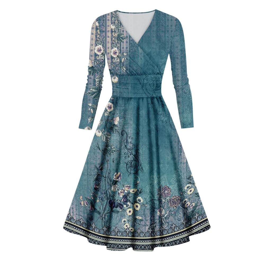 Dámské ležérní a módní tištěné šaty s dlouhým rukávem a sexy výstřihem do V