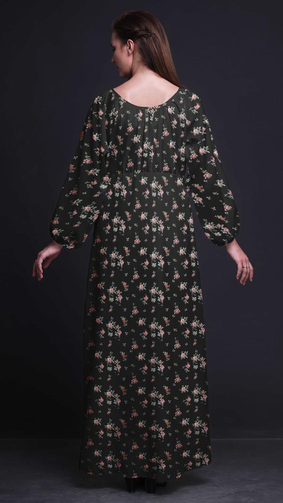 Bimba Moss Georgette Leaves|Madhabilata & Peony Floral Printed Womena s Long Sleeve Elastic Waist