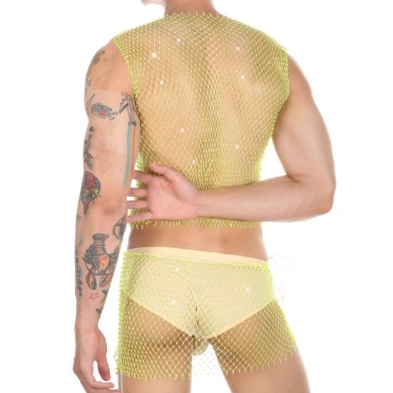 Men Sexy Night Club Vest Square Collar Sleeveless Fishnet Vest Slim Fit Hollow Perspective Mesh Tops Shiny