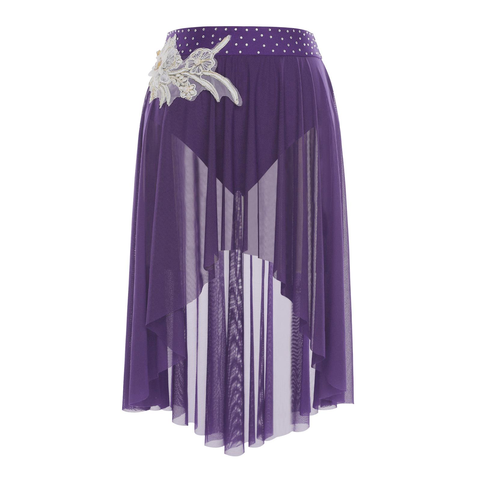 

Womens Lyrical Dance Skirt Embroidery Applique Irregular Mesh Hem One Piece Brief Skirt Dancewear S