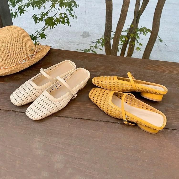 Soft-skinned grape women's bag head slippers women's retro woven hollow square head thick heel Muller half-drag empty single shoes