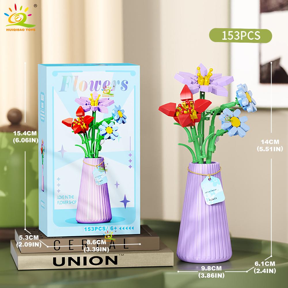 HUIQIBAO MOC Eternal Flower Bouquet with Pot Micro Building Block Sunflower Rose Mini Model Brick Toy Home Desk Decoration