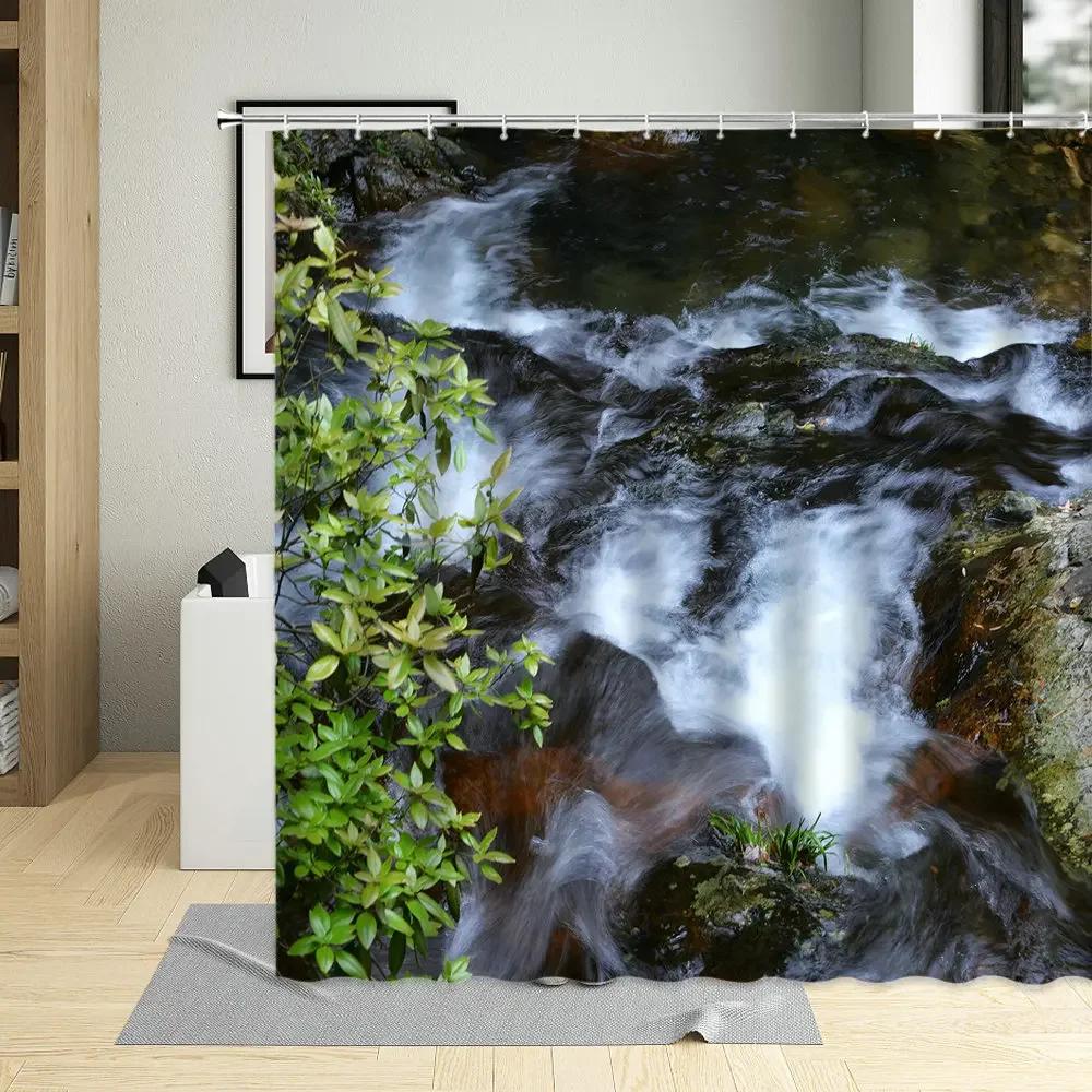 Forest Creek Mountain Water Shower Curtain Mountains Rock Natural Landscape Pattern Bathroom Screens Home Waterproof With Hooks