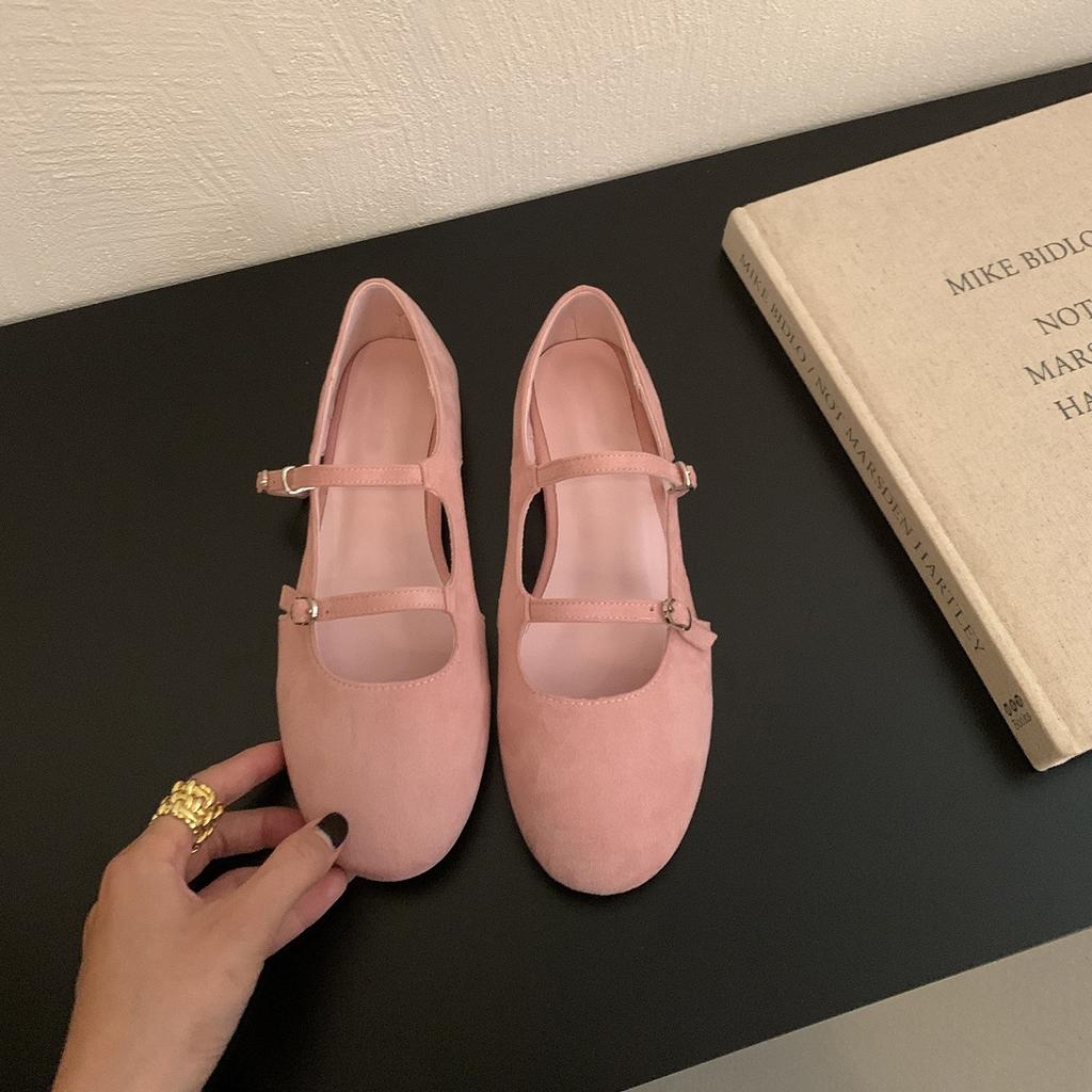 Suede Hollow Mary Jane Shoes Women's One-word Buckle Hollow Flat Soft Sole Ballet Shoes