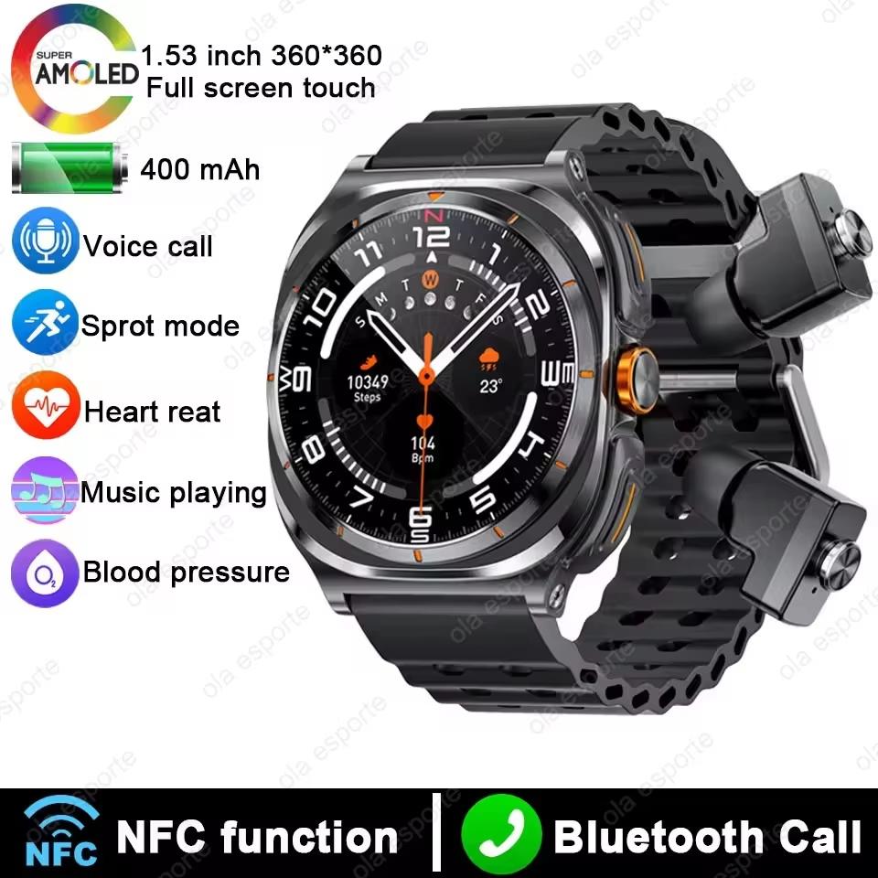 2025 New Smart Watch TWS Headset 2 In 1 AMOLED Wireless Headset Bluetooth Call Outdoor Sport Music Health Monitor Smartwatch Men