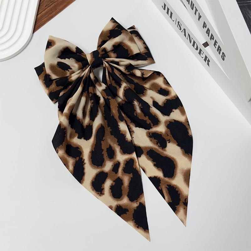 Vintage Leopard Print Bowknot Hairpin Long Ribbon Back Head Spring Clip Ponytail Headwear for Women Elegant Versatile Hairpin