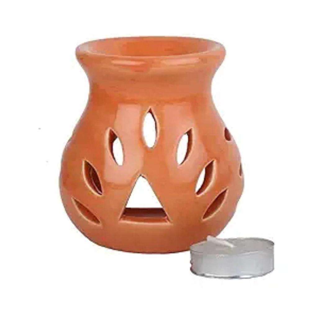 Ceramic Clay Candle Operated Aroma Burner|Oil Diffuser Coming with 1 Tea Candle (Orange ; 9 Cm)