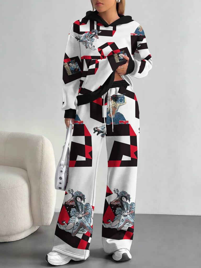 Gradual Change European and American Autumn and Winter Casual Long-sleeved Suit Women's Hooded Sweater Trousers Two-piece Set