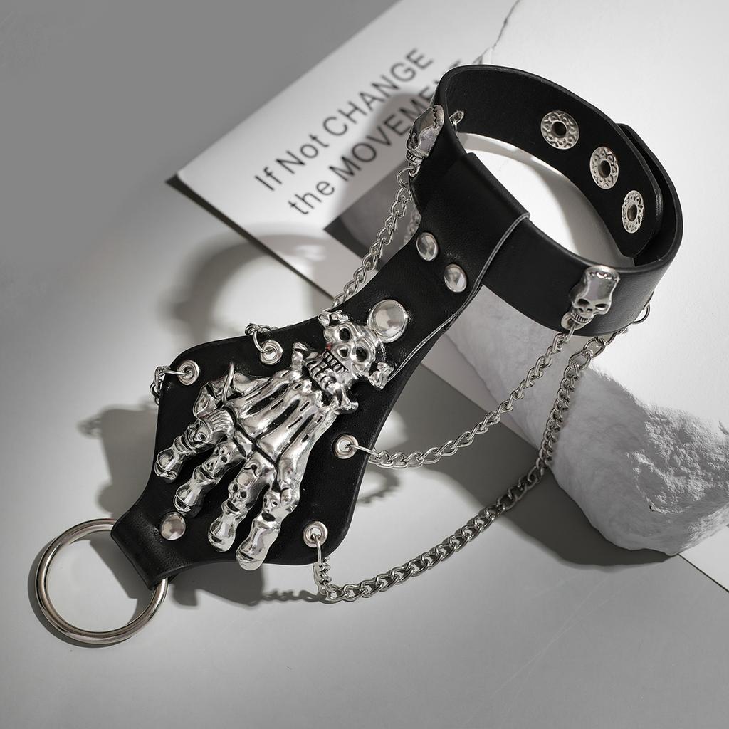 Goth Black PU Leather Skull Finger Wrist Chains Rings Bracelets Women Punk Hand Bangles Halloween Grunge Jewelry Steampunk Men