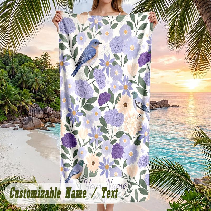 Blue White Floral 1 Theme Quick Dry Beach Towel Custom Name Text Print Large Sand Resistant Towel Beach Vacation