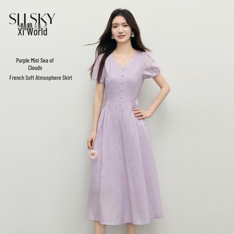 sllsky Women s French Purple V-Neck Puff Sleeve A-Line Dress L